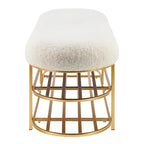 Banc en tissu frisly et peau de mouton avec étagère