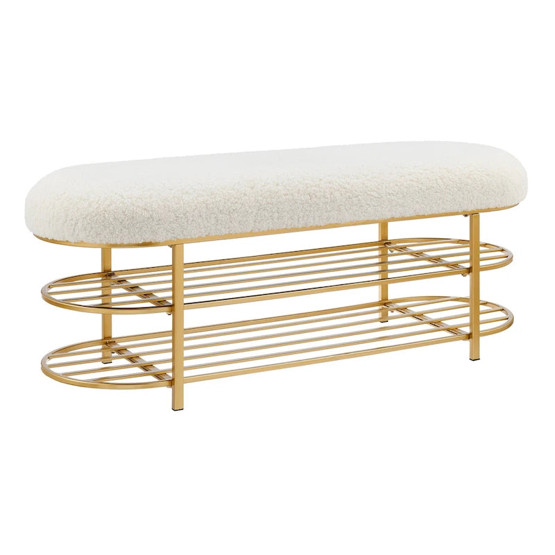 Banc en tissu frisly et peau de mouton avec étagère