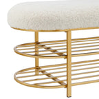 Banc en tissu frisly et peau de mouton avec étagère