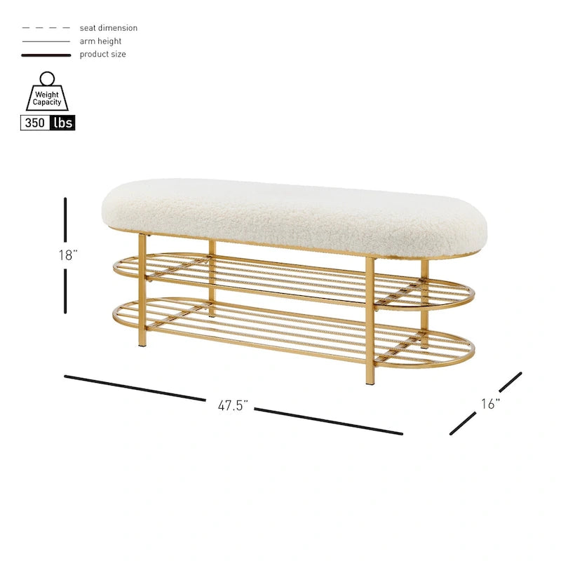 Banc en tissu frisly et peau de mouton avec étagère