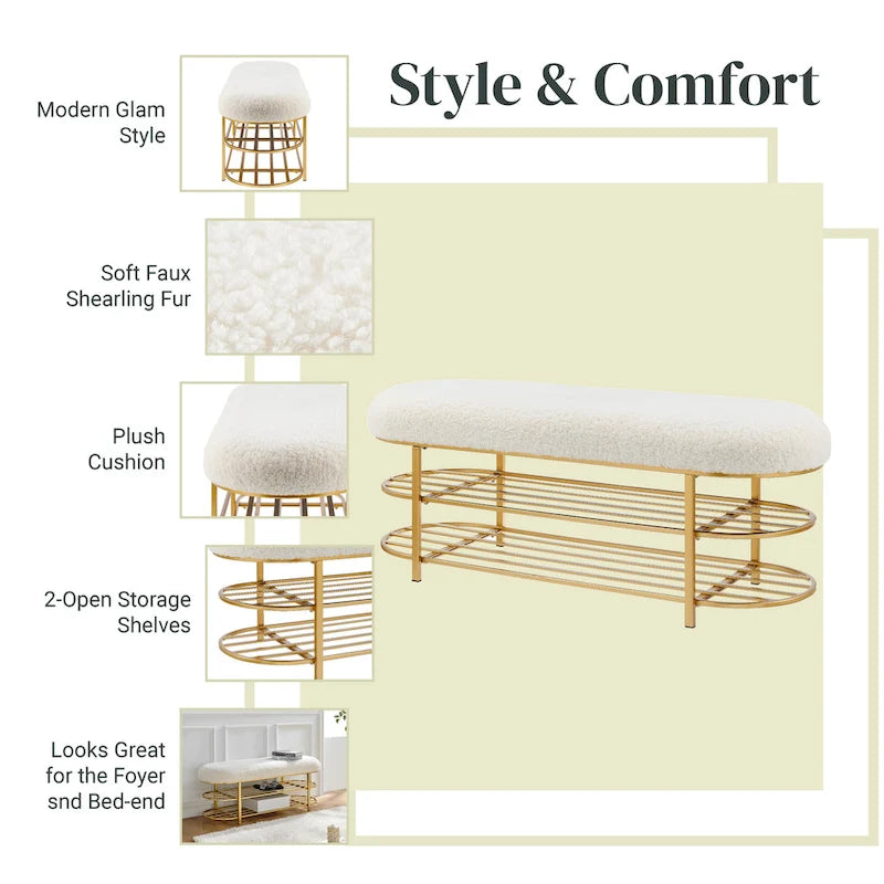 Banc en tissu frisly et peau de mouton avec étagère