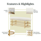 Banc en tissu frisly et peau de mouton avec étagère