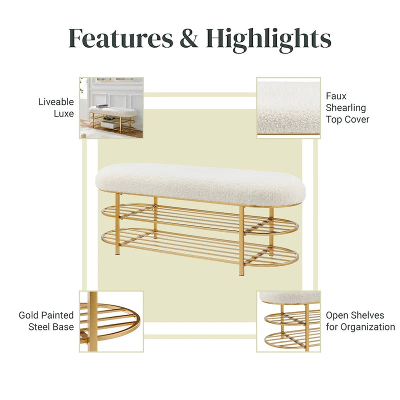 Banc en tissu frisly et peau de mouton avec étagère