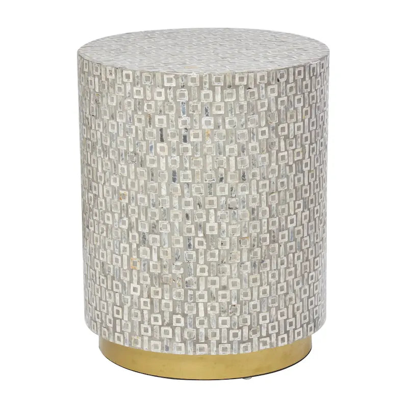 Table d'appoint en nacre avec base dorée et motifs géométriques - Blanc, Gris ou Noir - Roche River Decor