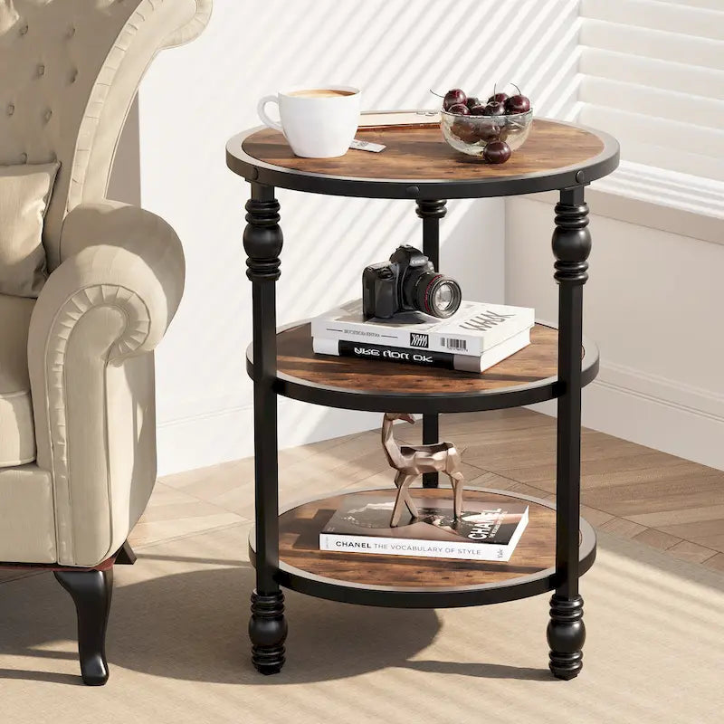 Table d'appoint ronde avec étagère de rangement et cadre métallique de style industriel