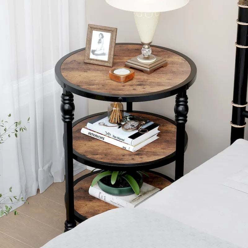 Table d'appoint ronde avec étagère de rangement et cadre métallique de style industriel