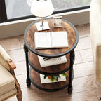 Table d'appoint ronde avec étagère de rangement et cadre métallique de style industriel