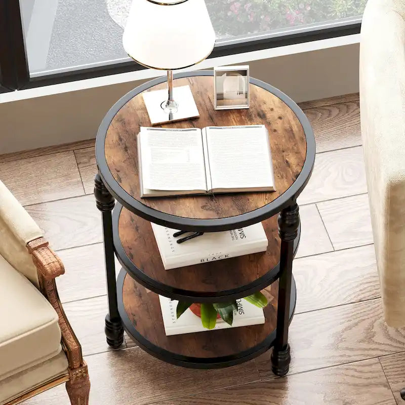 Table d'appoint ronde avec étagère de rangement et cadre métallique de style industriel