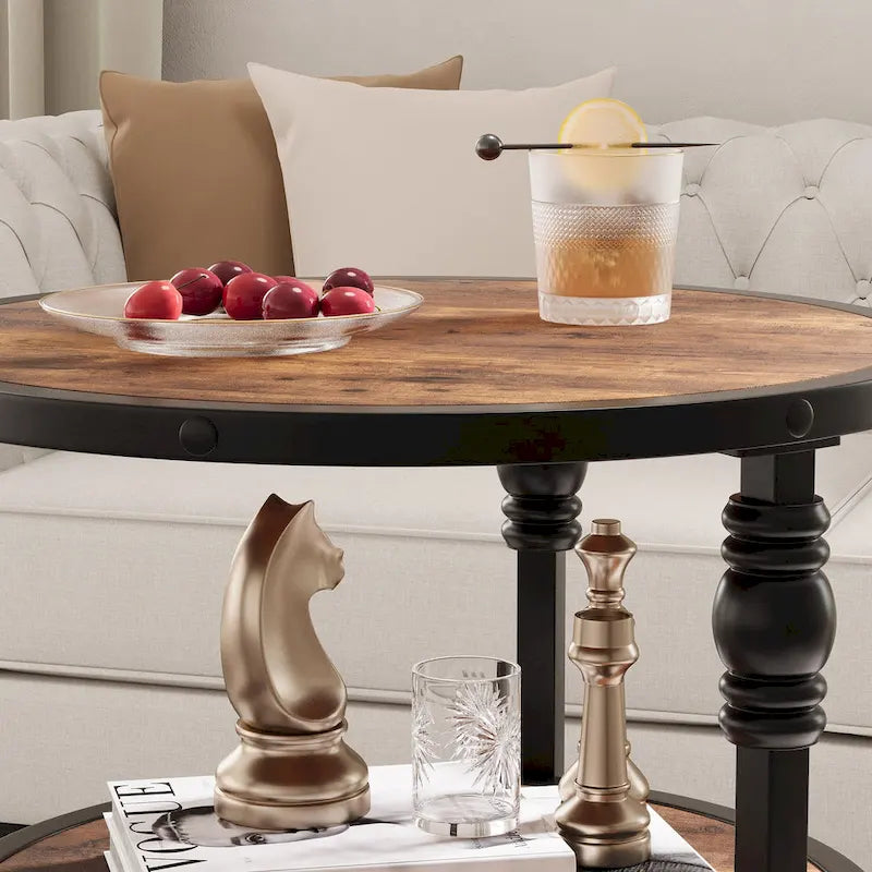 Table d'appoint ronde avec étagère de rangement et cadre métallique de style industriel