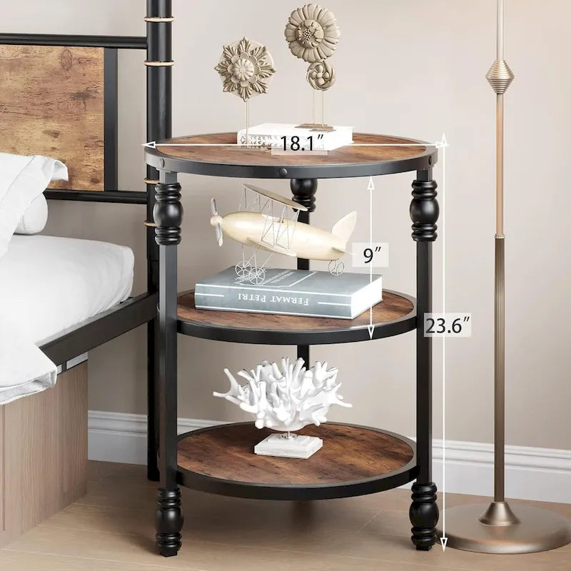 Table d'appoint ronde avec étagère de rangement et cadre métallique de style industriel