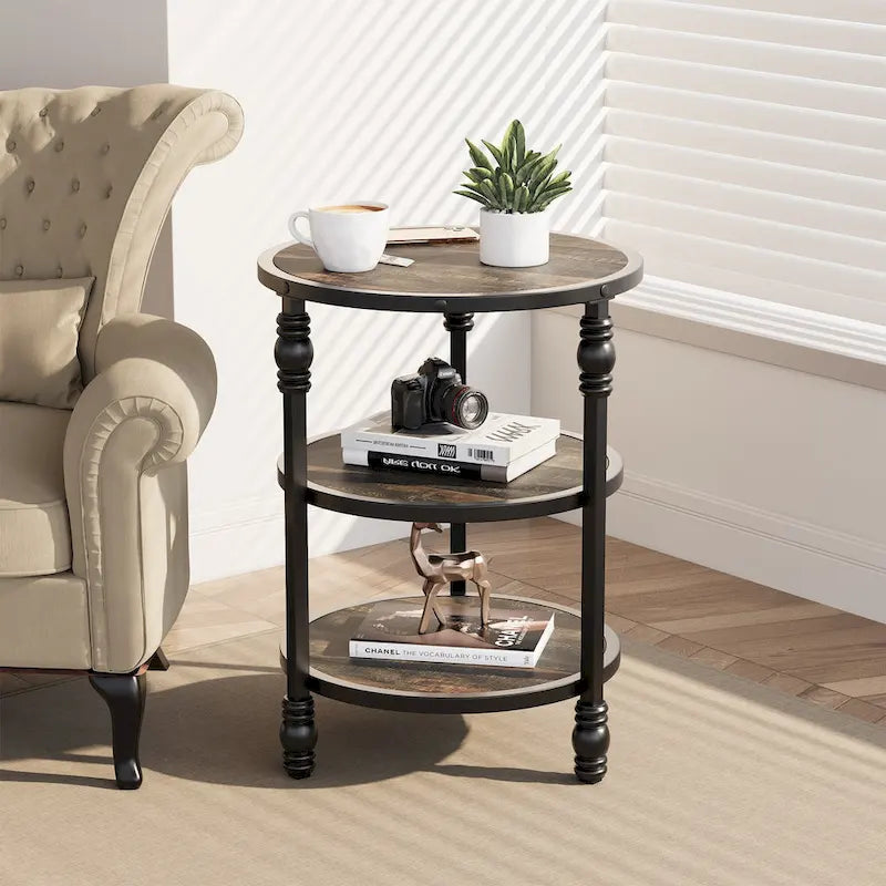 Table d'appoint ronde avec étagère de rangement et cadre métallique de style industriel