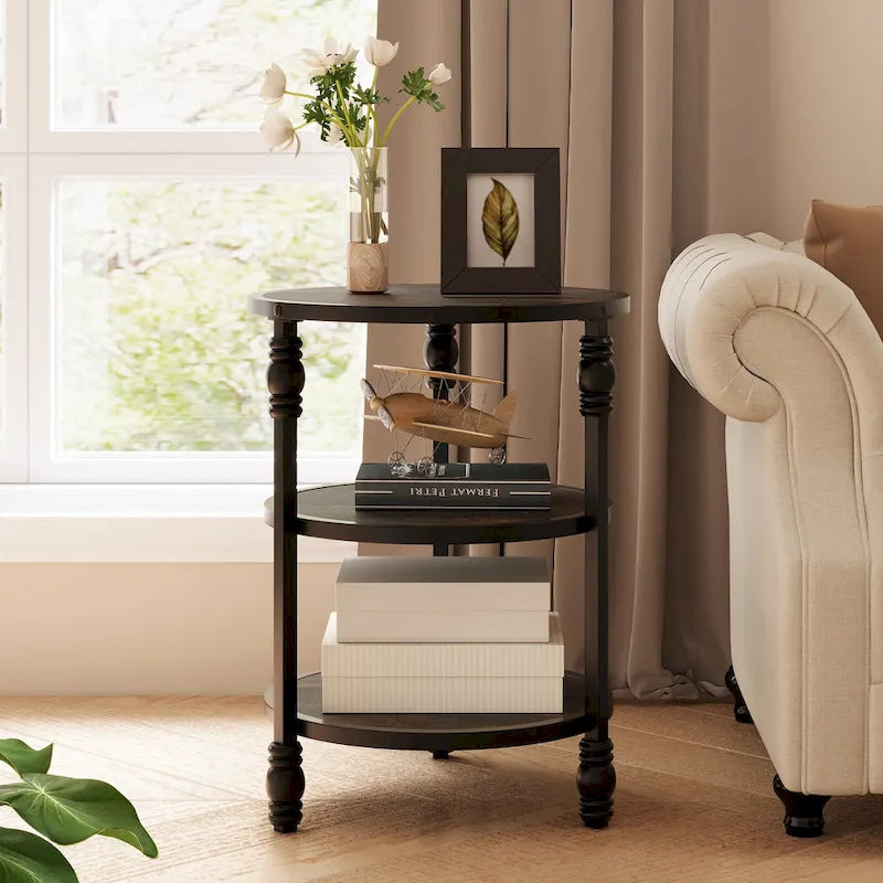 Table d'appoint ronde avec étagère de rangement et cadre métallique de style industriel