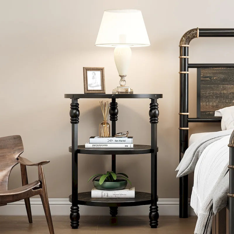 Table d'appoint ronde avec étagère de rangement et cadre métallique de style industriel