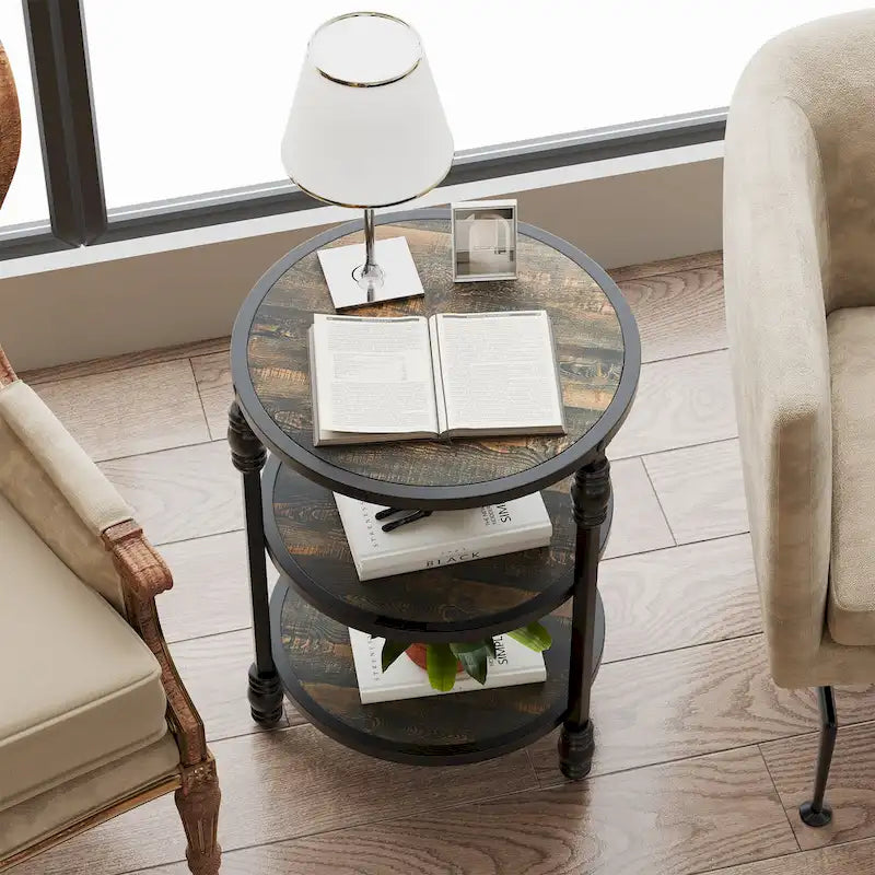 Table d'appoint ronde avec étagère de rangement et cadre métallique de style industriel