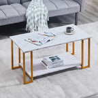 Table basse rectangulaire en fer de 39,37 L avec plateau en MDF, salle à manger, café, restaurant, plateau blanc, pieds dorés