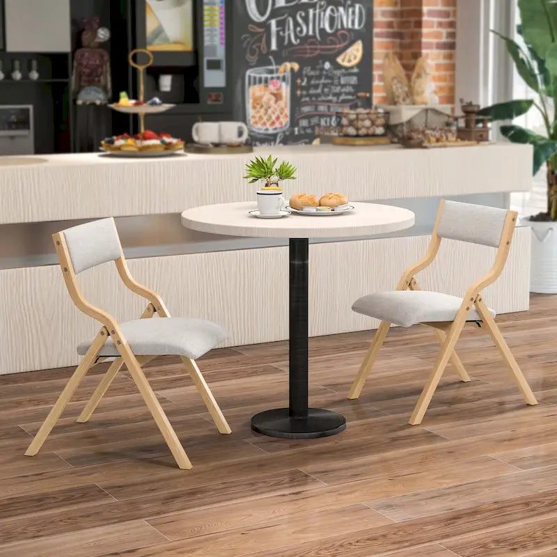 2PCS Folding Dining Chair Wooden Upholstered Linen Fabric Padded Seat