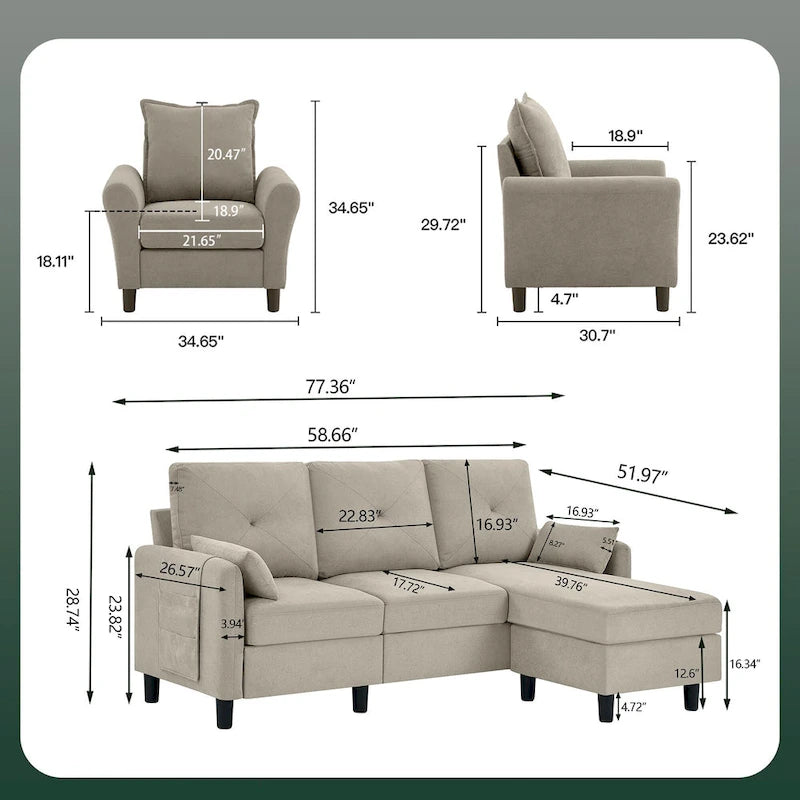 Ensemble de canapé sectionnel 3 pièces avec pouf et fauteuil