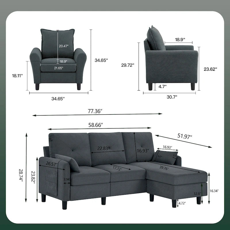 Ensemble de canapé sectionnel 3 pièces avec pouf et fauteuil