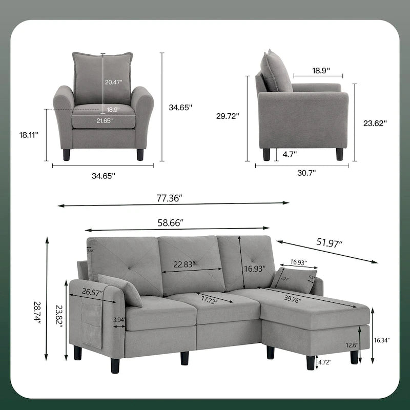 Ensemble de canapé sectionnel 3 pièces avec pouf et fauteuil