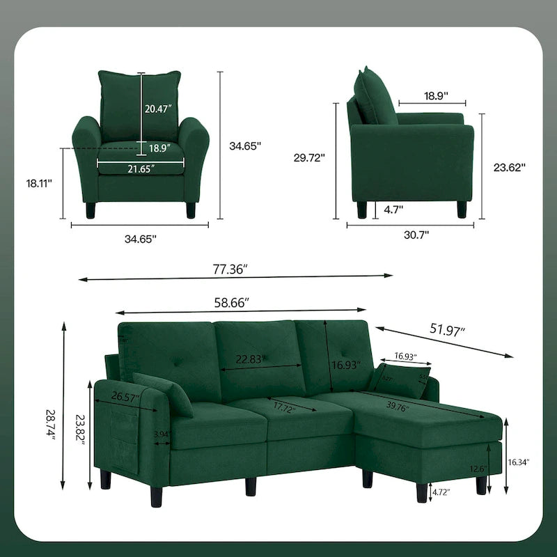 Ensemble de canapé sectionnel 3 pièces avec pouf et fauteuil