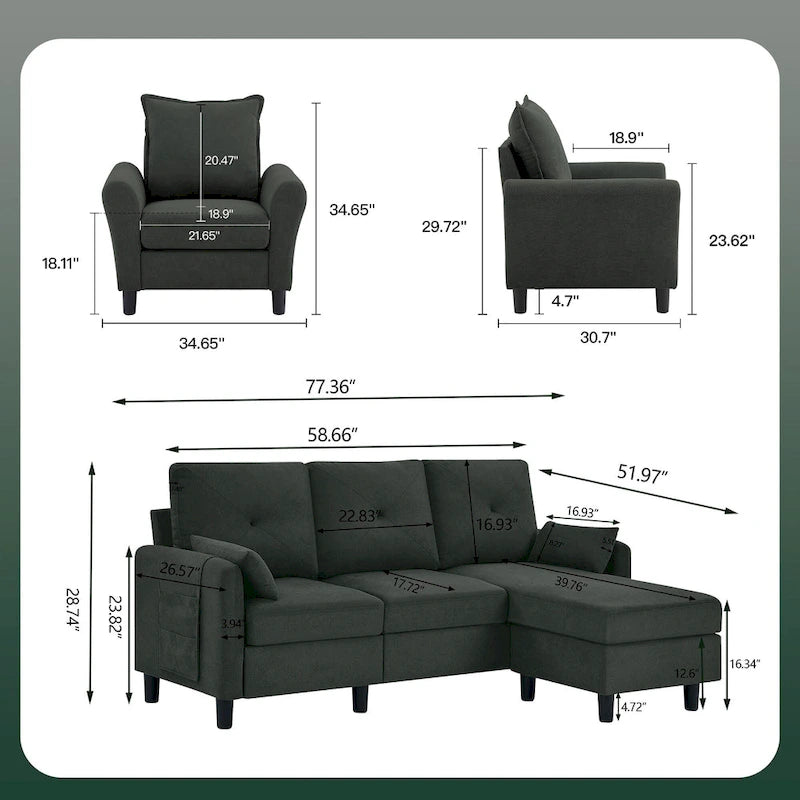 Ensemble de canapé sectionnel 3 pièces avec pouf et fauteuil