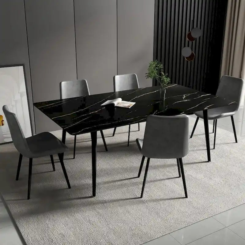 Table à manger de cuisine rectangulaire blanche de 180 cm, avec plateau en marbre de pierre frittée, pieds en métal