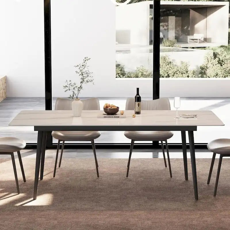 Table à manger de cuisine rectangulaire blanche de 180 cm, avec plateau en marbre de pierre frittée, pieds en métal