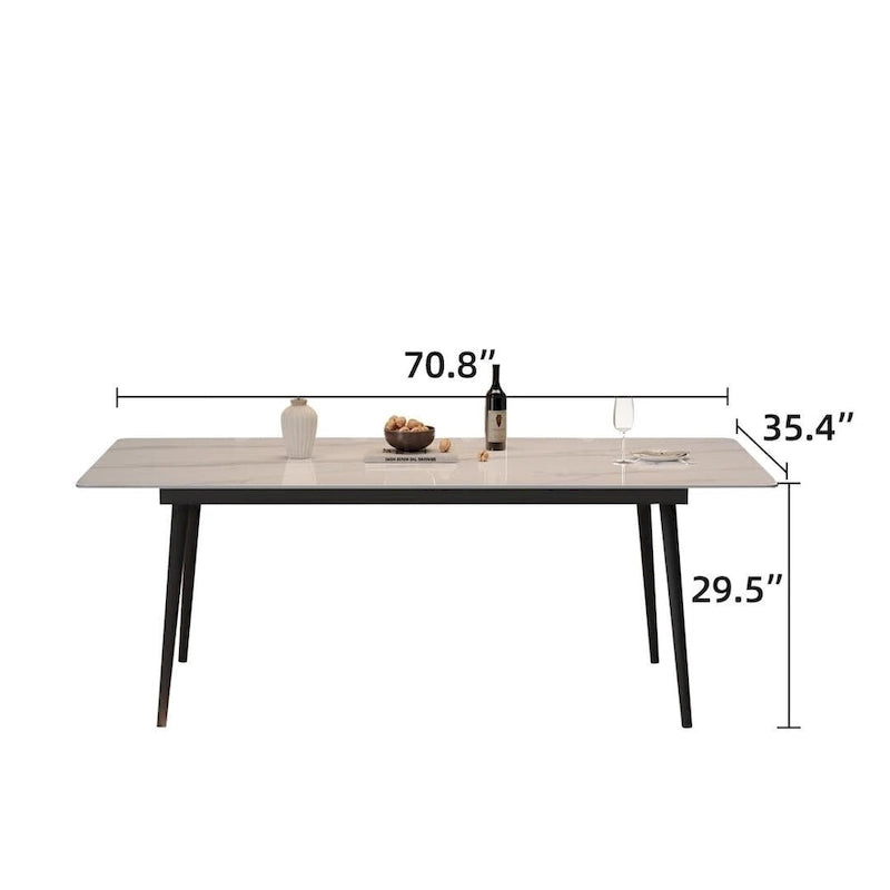 Table à manger de cuisine rectangulaire blanche de 180 cm, avec plateau en marbre de pierre frittée, pieds en métal