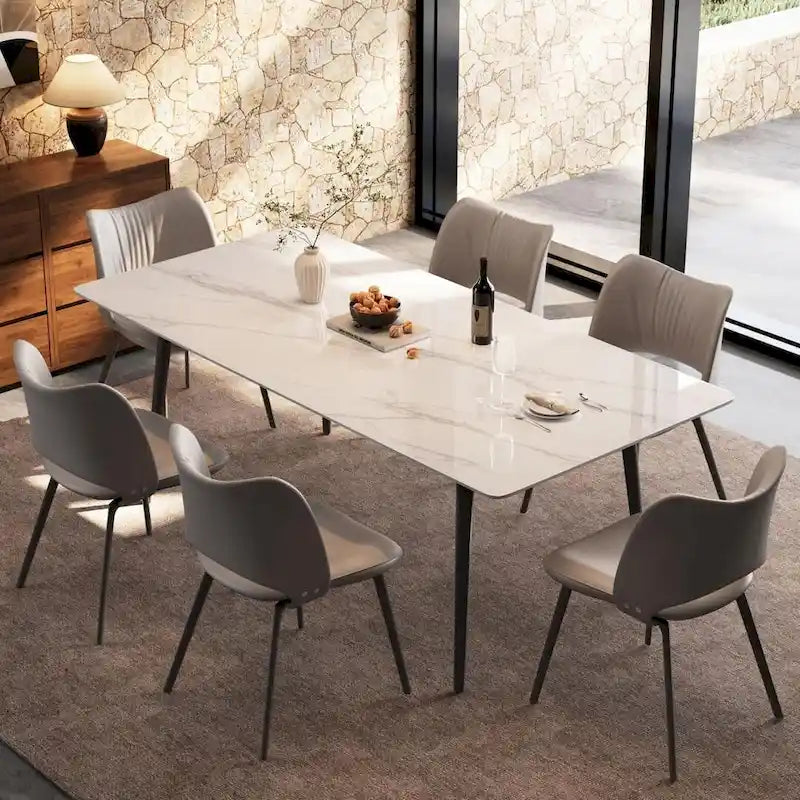 Table à manger de cuisine rectangulaire blanche de 180 cm, avec plateau en marbre de pierre frittée, pieds en métal