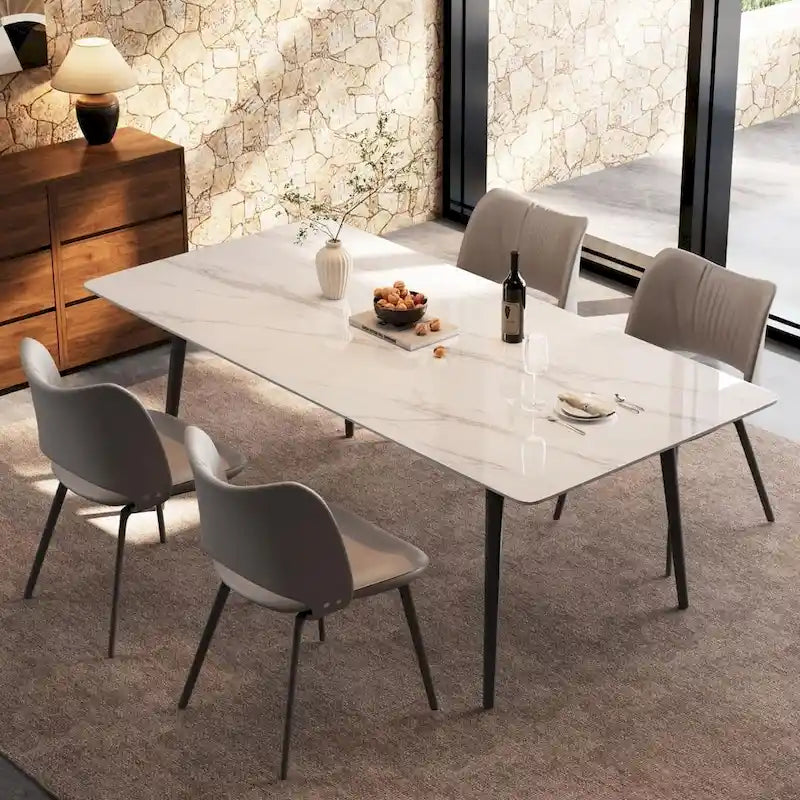 Table à manger de cuisine rectangulaire blanche de 180 cm, avec plateau en marbre de pierre frittée, pieds en métal