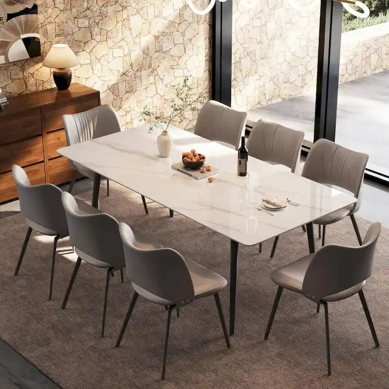 Table à manger de cuisine rectangulaire blanche de 180 cm, avec plateau en marbre de pierre frittée, pieds en métal