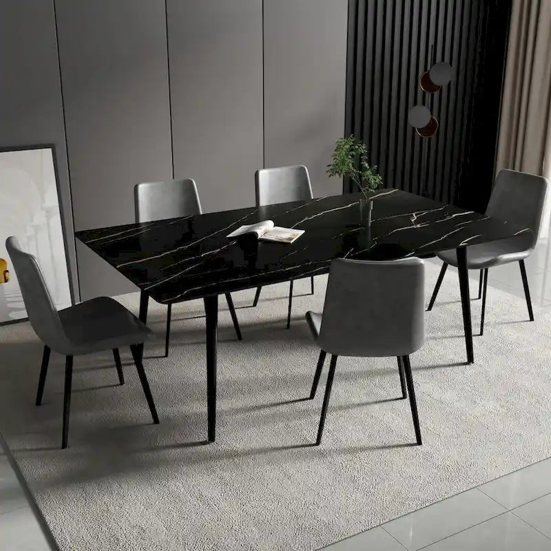 Table à manger de cuisine rectangulaire blanche de 180 cm, avec plateau en marbre de pierre frittée, pieds en métal