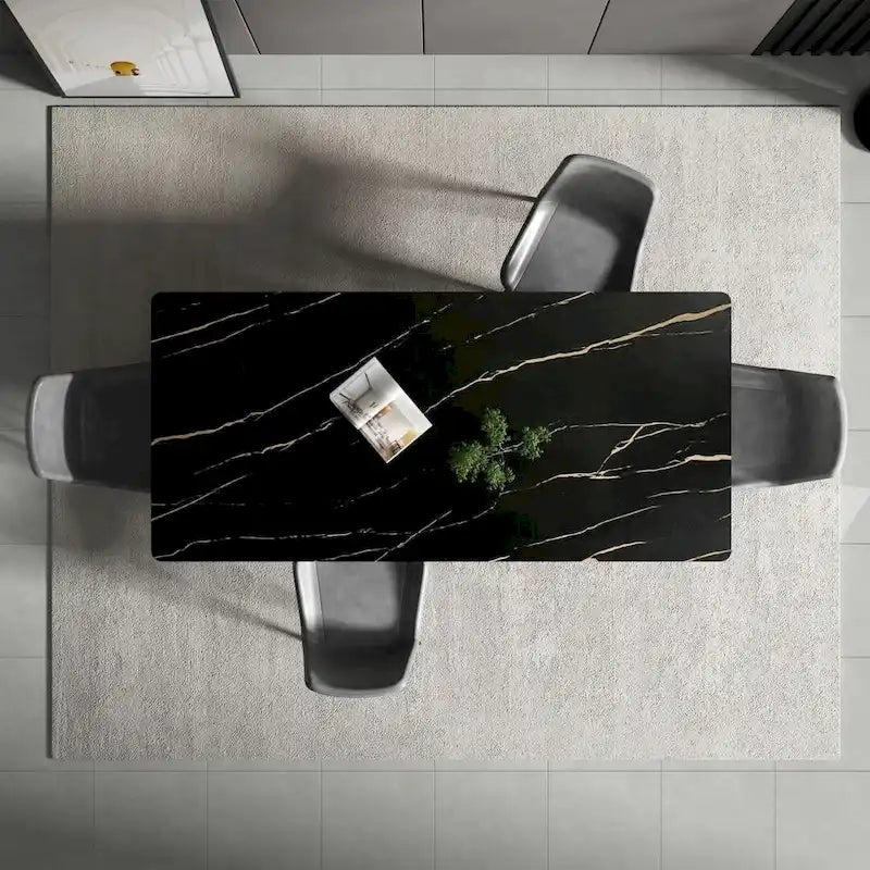 Table à manger de cuisine rectangulaire blanche de 180 cm, avec plateau en marbre de pierre frittée, pieds en métal