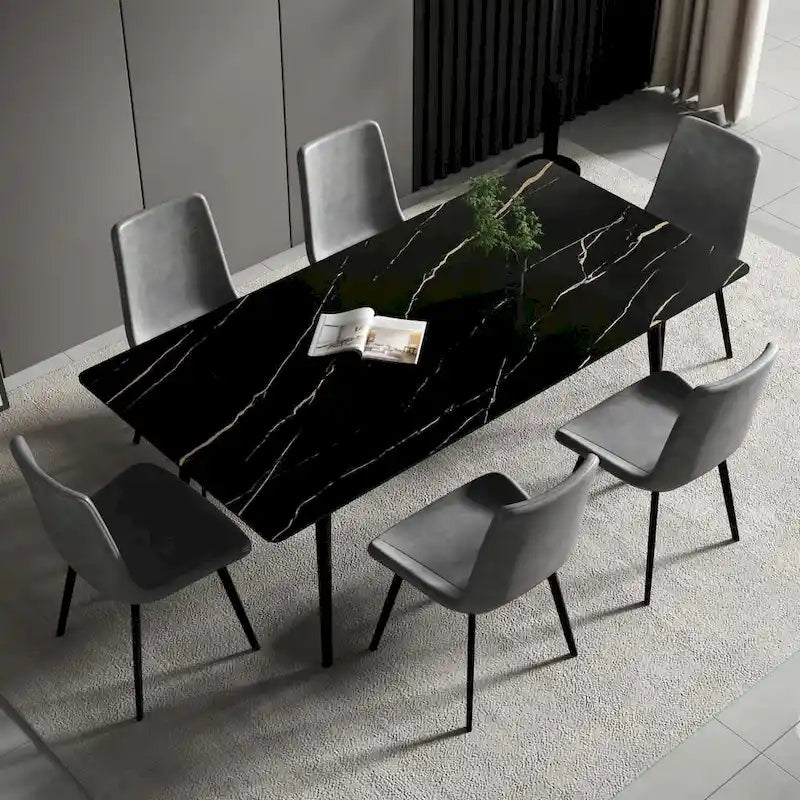 Table à manger de cuisine rectangulaire blanche de 180 cm, avec plateau en marbre de pierre frittée, pieds en métal