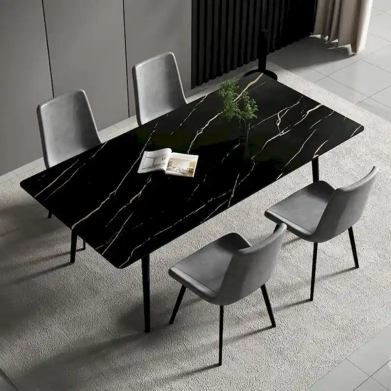Table à manger de cuisine rectangulaire blanche de 180 cm, avec plateau en marbre de pierre frittée, pieds en métal