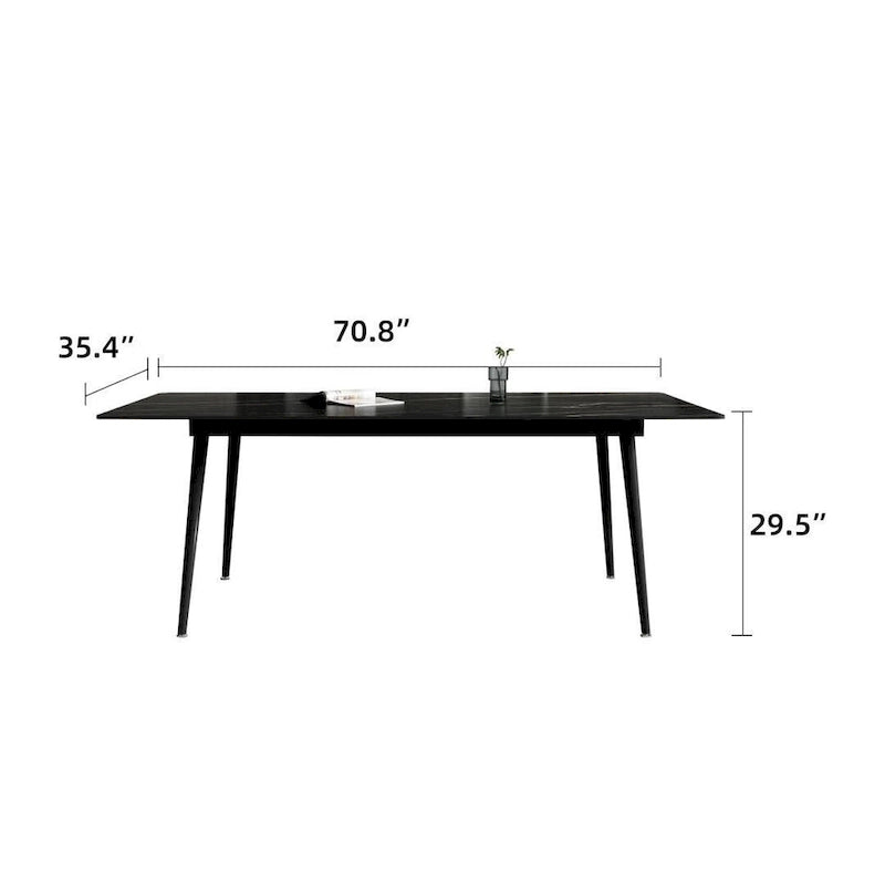 Table à manger de cuisine rectangulaire blanche de 180 cm, avec plateau en marbre de pierre frittée, pieds en métal