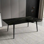 Table à manger de cuisine rectangulaire blanche de 180 cm, avec plateau en marbre de pierre frittée, pieds en métal