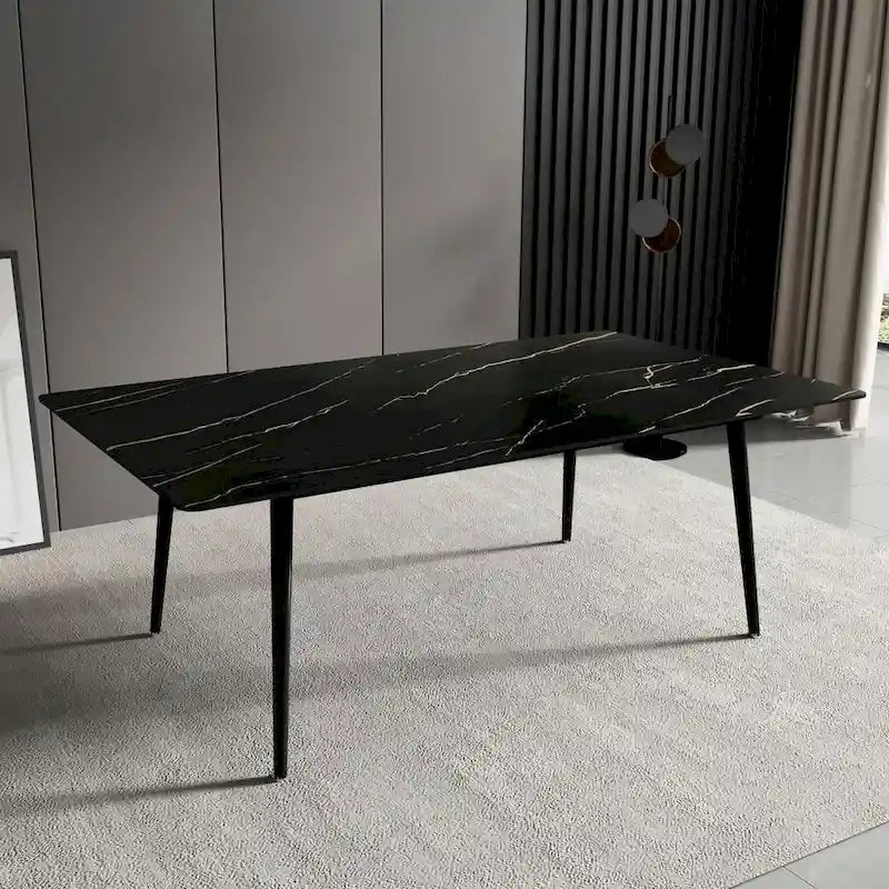 Table à manger de cuisine rectangulaire blanche de 180 cm, avec plateau en marbre de pierre frittée, pieds en métal