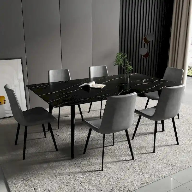 Table à manger de cuisine rectangulaire blanche de 180 cm, avec plateau en marbre de pierre frittée, pieds en métal