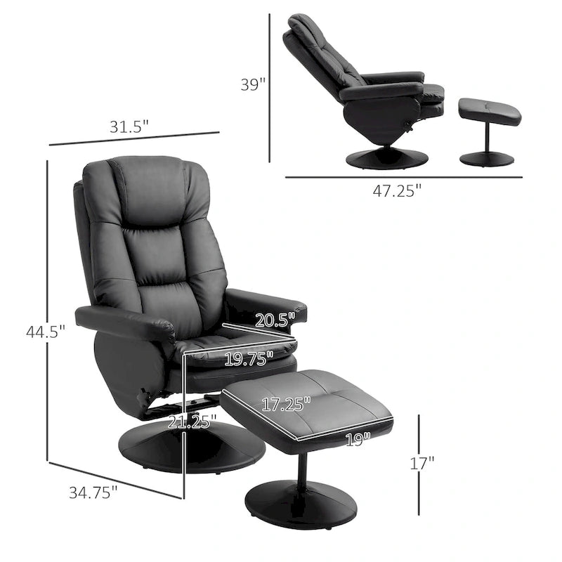 HOMCOM Recliner and Ottoman with Wrapped Base, Swivel PU Leather Reclining Chair with Footrest for Living Room