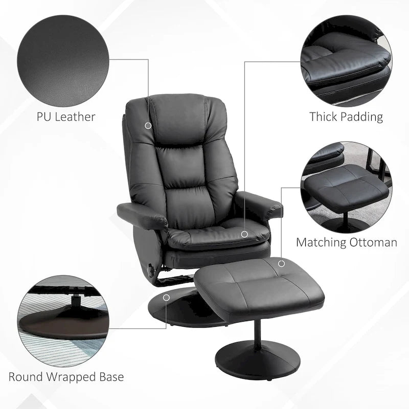 HOMCOM Recliner and Ottoman with Wrapped Base, Swivel PU Leather Reclining Chair with Footrest for Living Room