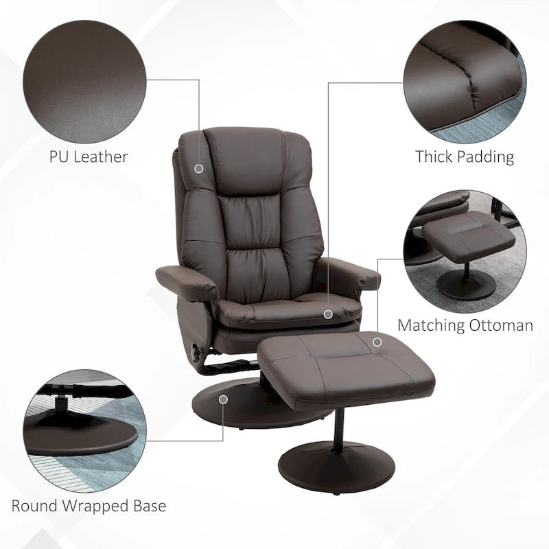 HOMCOM Recliner and Ottoman with Wrapped Base, Swivel PU Leather Reclining Chair with Footrest for Living Room