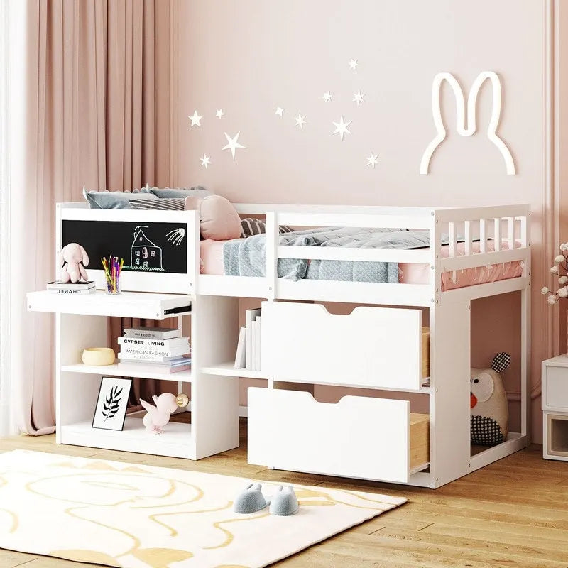 Twin Size Low Loft Bed with Rolling Desk and Storage Drawers