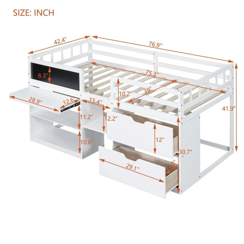 Lit mezzanine bas double avec bureau roulant et tiroirs de rangement