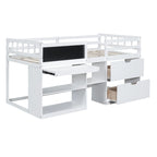 Lit mezzanine bas double avec bureau roulant et tiroirs de rangement