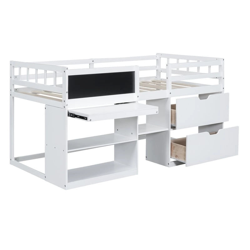 Lit mezzanine bas double avec bureau roulant et tiroirs de rangement