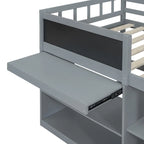 Lit mezzanine bas double avec bureau roulant et tiroirs de rangement