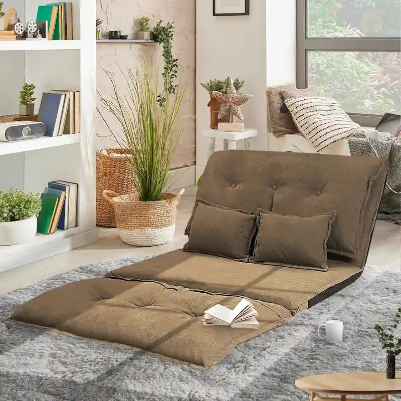 Canapé-lit contemporain et adaptable, avec positionnement au sol et 2 oreillers