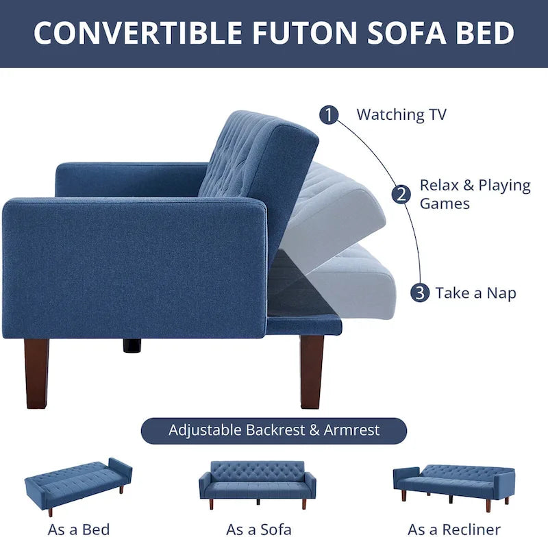 74 Velvet Futon Sofa Bed, Adjustable Backrest Convertible Loveseat Sleeper Couch with Tapered Wood Legs for Small Space