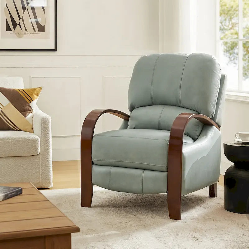 Alex Mid-century Modern Cigar Genuine Leather Manual Recliner with Wooden Curved Arms
